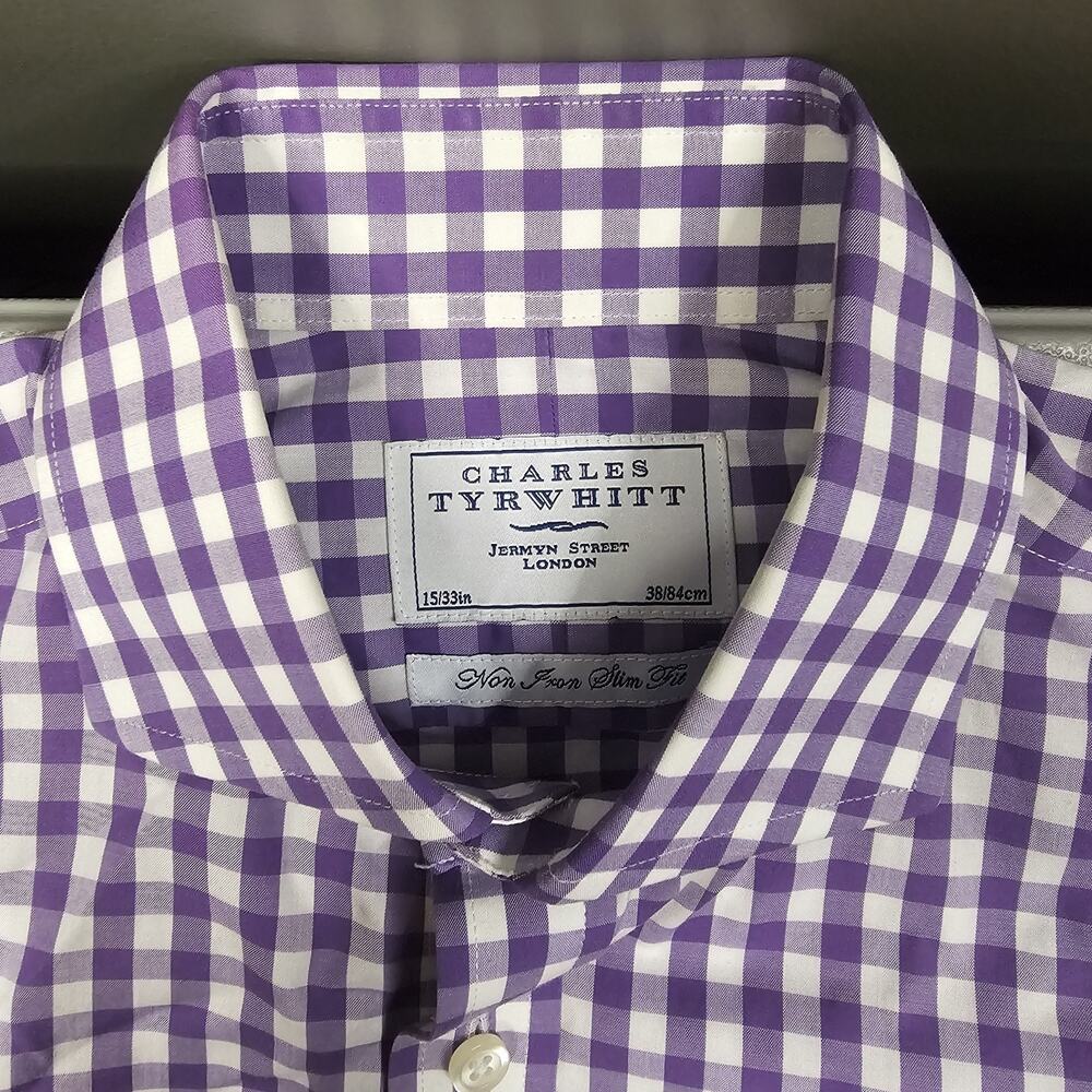 Charles Tyrwhitt Dress Shirt 15/33 Purple Gingham Check Plaid French Cuff Work - Picture 6 of 11